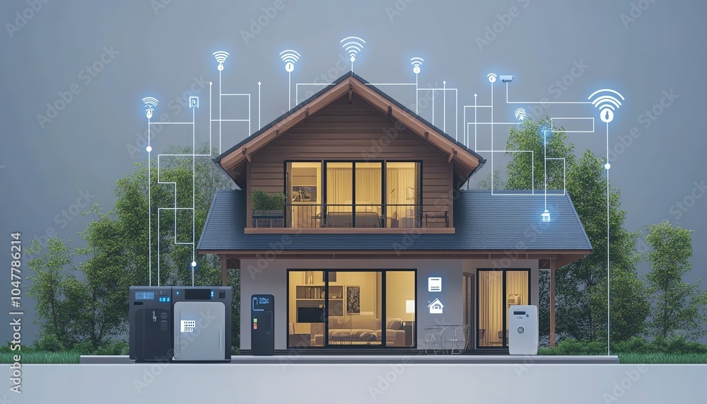 Fototapete a connected smart home concept with iot icons for security, appliances, and remote control linked by