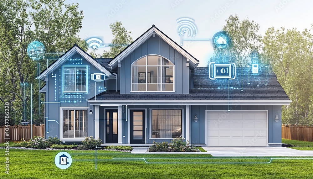 Fototapete a connected smart home concept with iot icons for security, appliances, and remote control linked by