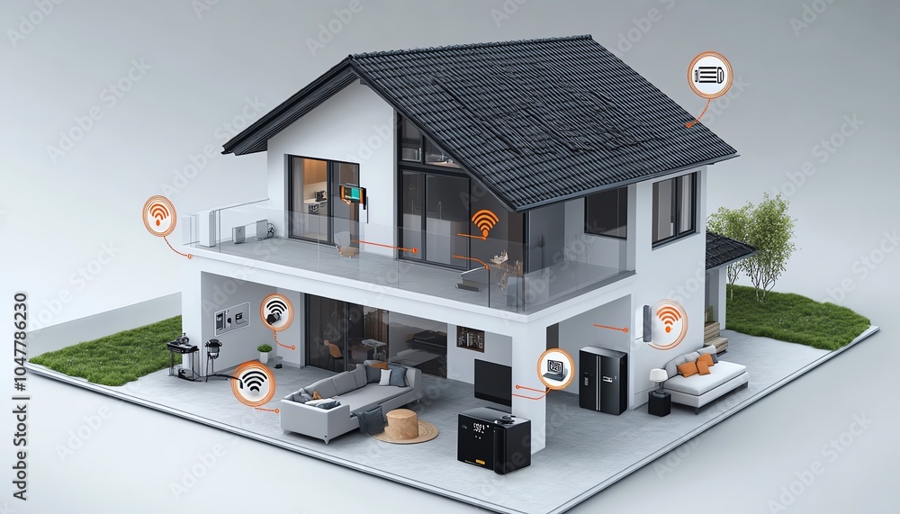 Fototapete a connected smart home concept with iot icons for security, appliances, and remote control linked by