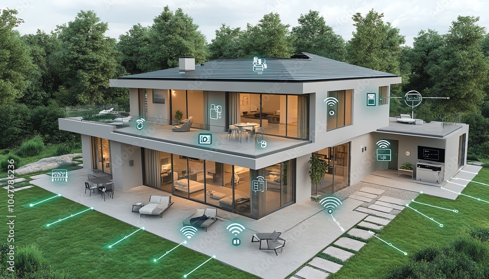 Poster A connected smart home concept with IoT icons for security, appliances, and remote control linked by a digital circuit network