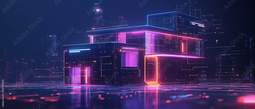 Poster A futuristic house circuit connected to smart home function icons for IoT remote control, automation, and digital monitoring