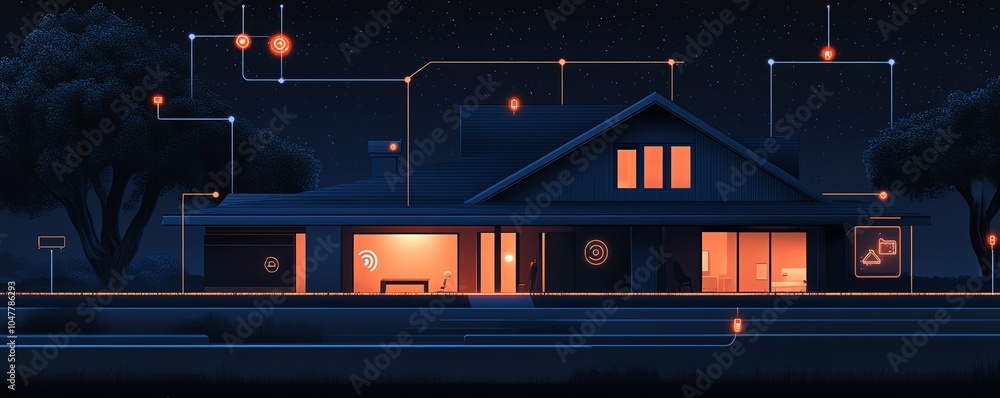 Poster A futuristic smart home network with a house circuit linked to IoT icons, demonstrating remote control and monitoring functions