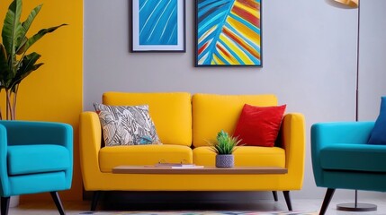 Vibrant and Cozy Modern Living Room with Colorful Furnishings and Decor