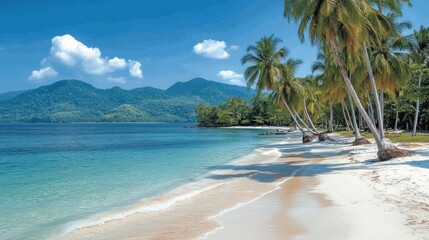 A pristine white sand beach with clear turquoise waters, palm trees, and mountains in the background.