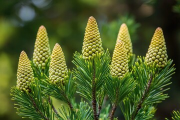 Close-up of pine cones on a branch. Perfect for nature, botany, or environmental themes.