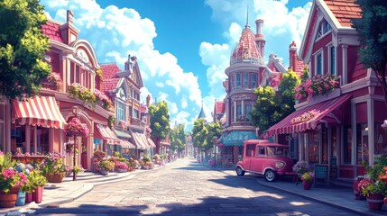 Obraz premium A quaint, charming town street with cobblestone road, colorful buildings, and a red delivery truck.