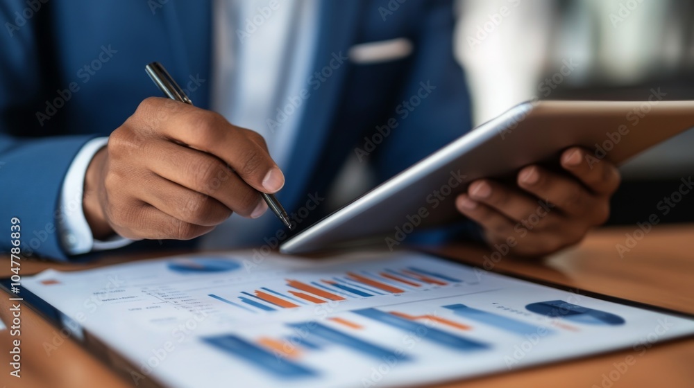 Poster business professional analyzing data on tablet device