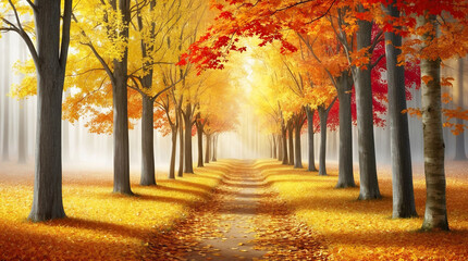 Fototapeta premium The Beauty Of A Serene Autumn Pathway, With Vibrant Fall Leaves And Golden Sunlight, A Magical Forest Scene
