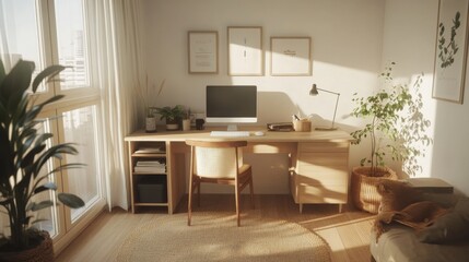 Fototapeta premium Cozy Minimalist Home Office Setup with Natural Light
