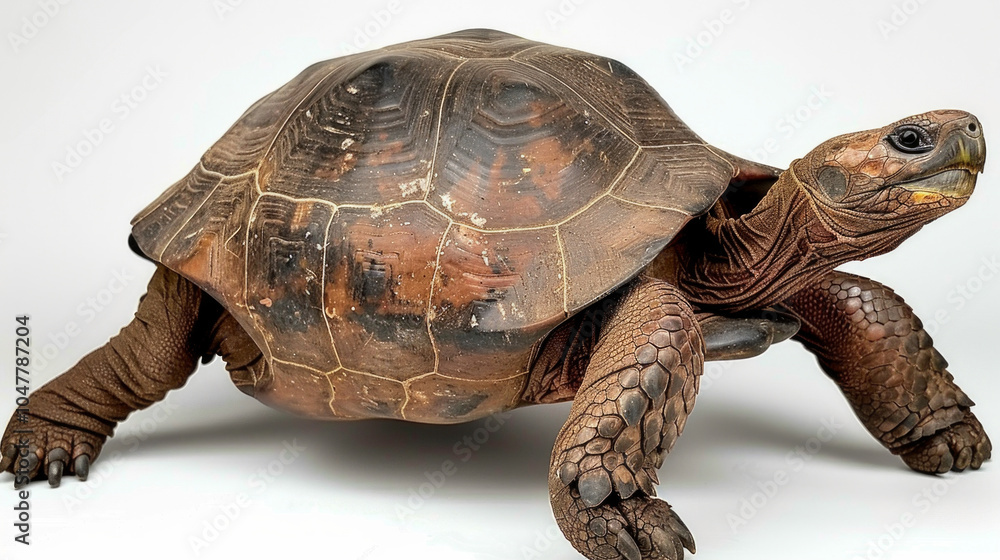 Poster gopher tortoise is seen walking forward with its rough shell prominently displayed on a white backgr