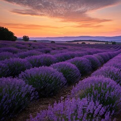 Fototapeta premium Rolling hills covered in vibrant lavender fields at sunrise