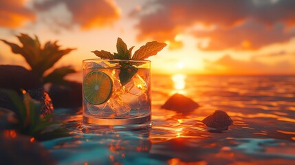 A refreshing drink with ice and lime on the beach at sunset.