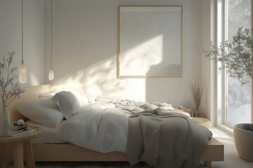 Scandinavian-Inspired Bedroom with Light Wood Bed, Minimalist Decor, and Cozy Textiles for a Serene and Refreshing Retreat