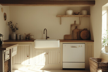 Soft Neutral Kitchen Showcasing Minimalistic Appliances and Soothing Colors for a Calm and Inviting Cooking Space