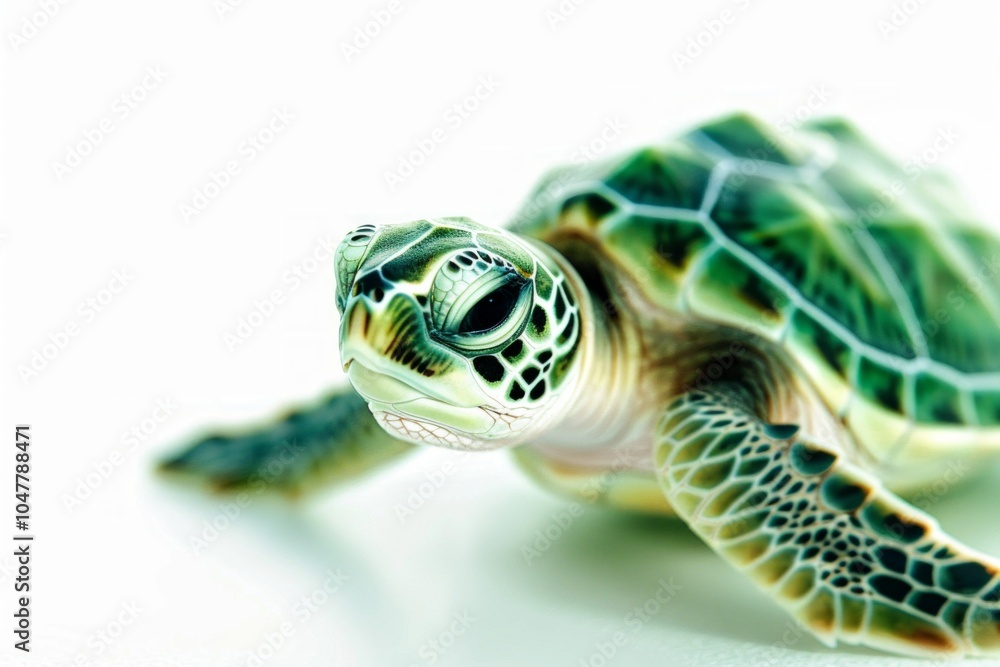 Poster young green sea turtle hatchling moves forward against a smooth white backdrop showcasing its vibran