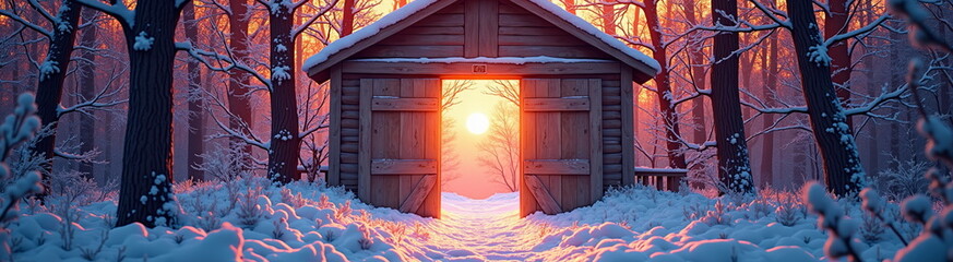 Snowy winter cabin with glowing sunset in magical forest