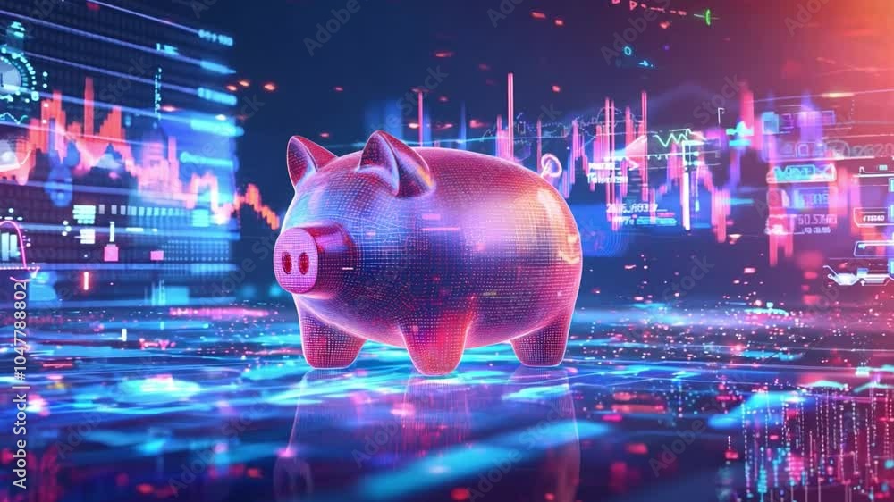 Poster digital piggy bank on abstract background illustrating financial growth through data analysis and in