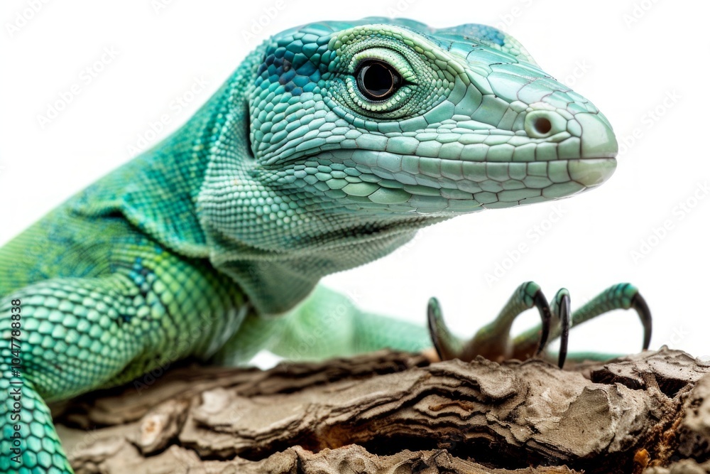 Poster striking green tree monitor lizard displays its vivid scales while resting on a branch showcasing it