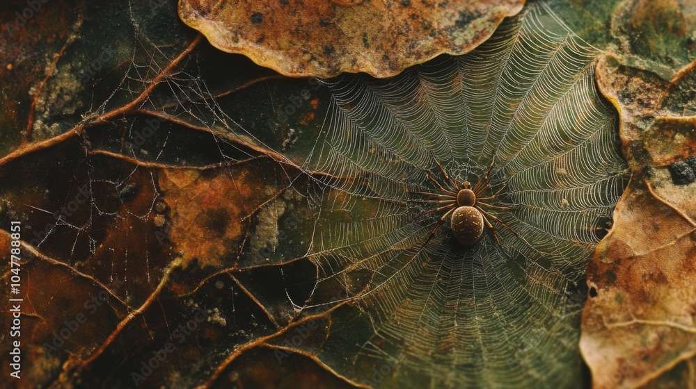 Poster intricate spider web on leafy background
