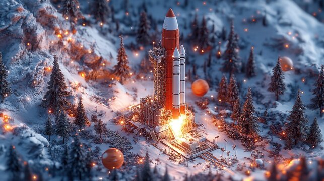 A rocket launches from a snowy forest, surrounded by glowing orbs.