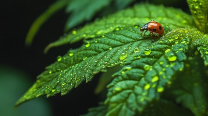 Ladybug on Fresh Green Leaf with Water Drops
