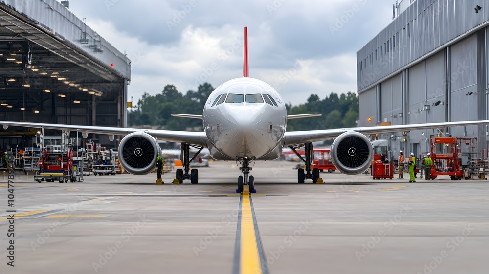 Poster wide angle view of an airport runway during maintenance multiple technicians working on the engines 