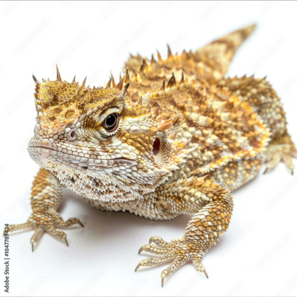 Poster horned lizard with prominent spiky scales and horns sits still against a white background highlighti
