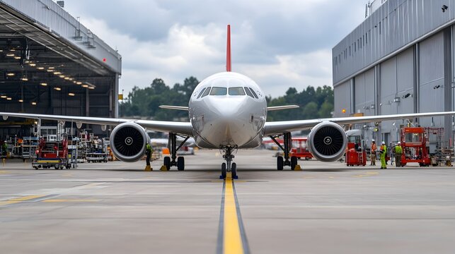 Fototapeta Wide angle view of an airport runway during maintenance multiple technicians working on the engines and exteriors of large commercial jets