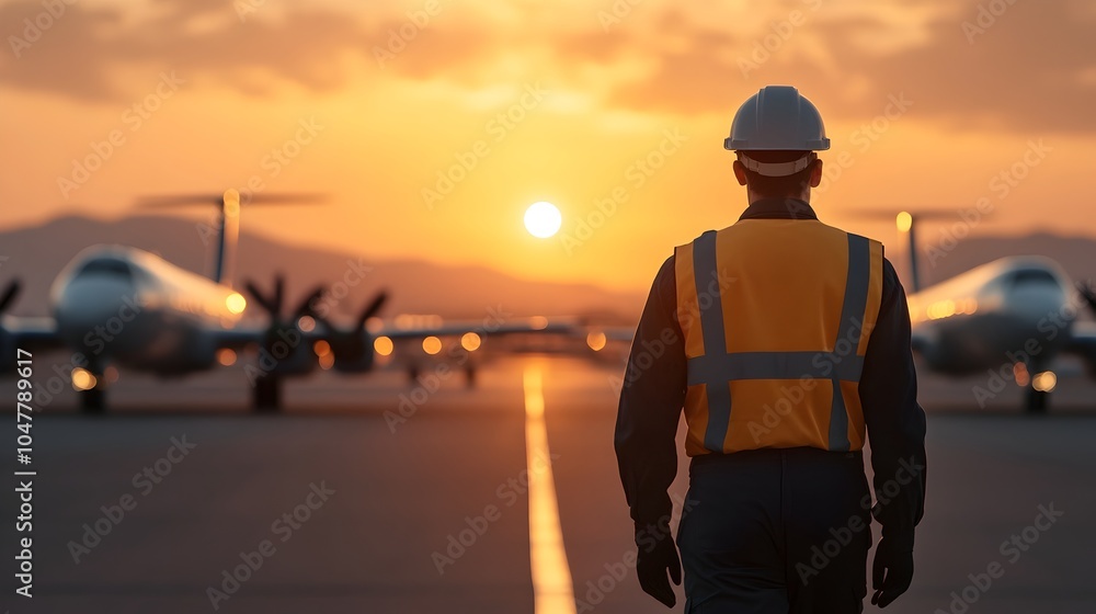 Poster wide shot of multiple propeller planes being inspected by mechanics on a remote airfield the scene s