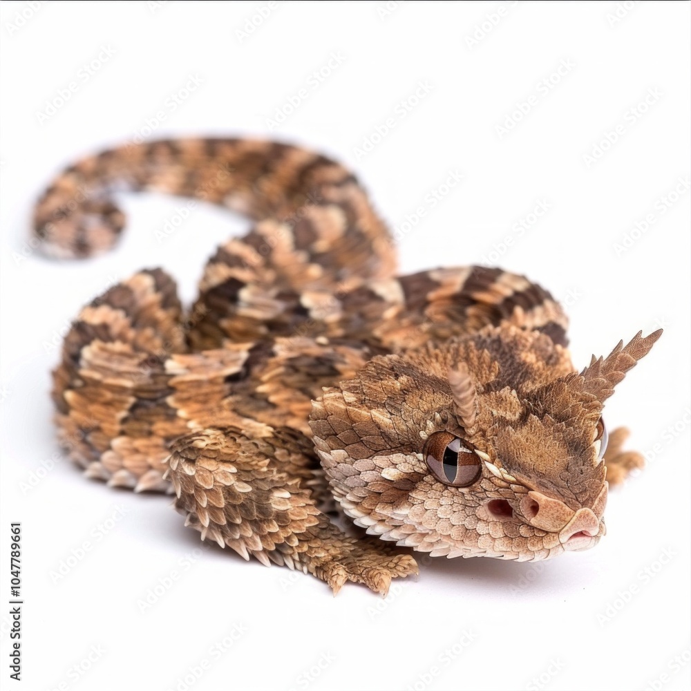 Poster horned viper lies motionless with its intricate patterns visible against a soft white background hig