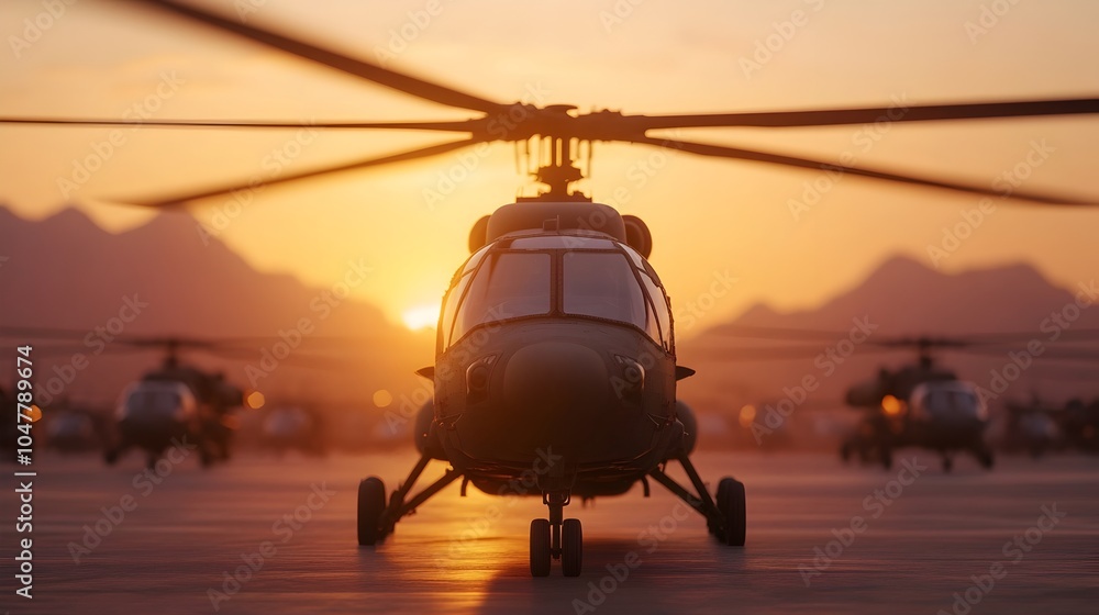 Poster mechanics performing routine checks on a fleet of military helicopters at a remote desert airbase wi