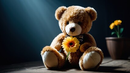 Obraz premium Teddy bear with a flower, a heartfelt symbol of love and care, making it a wonderful gift for loved ones on special days.
