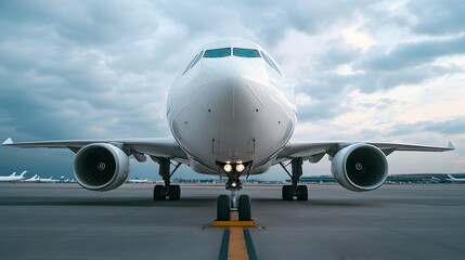 Technicians and ground crew preparing a large commercial passenger jet aircraft for a long distance flight on the airport tarmac capturing a wide angle view of the entire scene