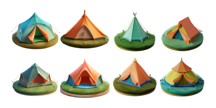 Colorful Camping Tents on Green Background, PNG collection, set bundle, isolate on transparent or white background