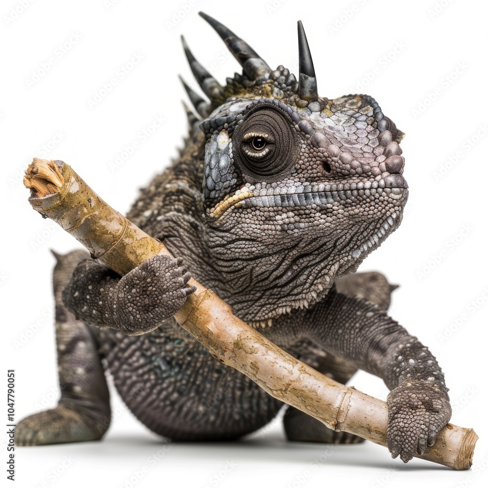 Poster striking jacksons chameleon known for its three distinct horns clings to a twig showcasing intricate