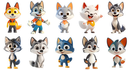 Fototapeta premium Cute Cartoon Wolf Characters Illustration Set with Transparent Background for Creative Designs
