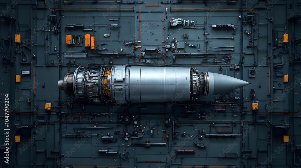 Poster experienced mechanic repairing and maintaining a large jet engine with various tools spread around t