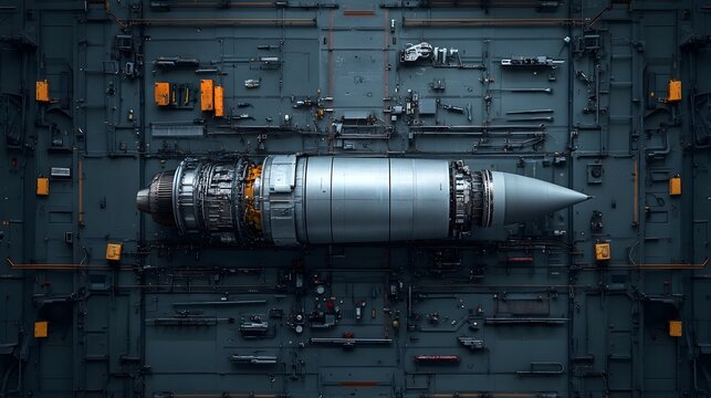 Experienced mechanic repairing and maintaining a large jet engine with various tools spread around the spacious aircraft maintenance workshop or hangar setting