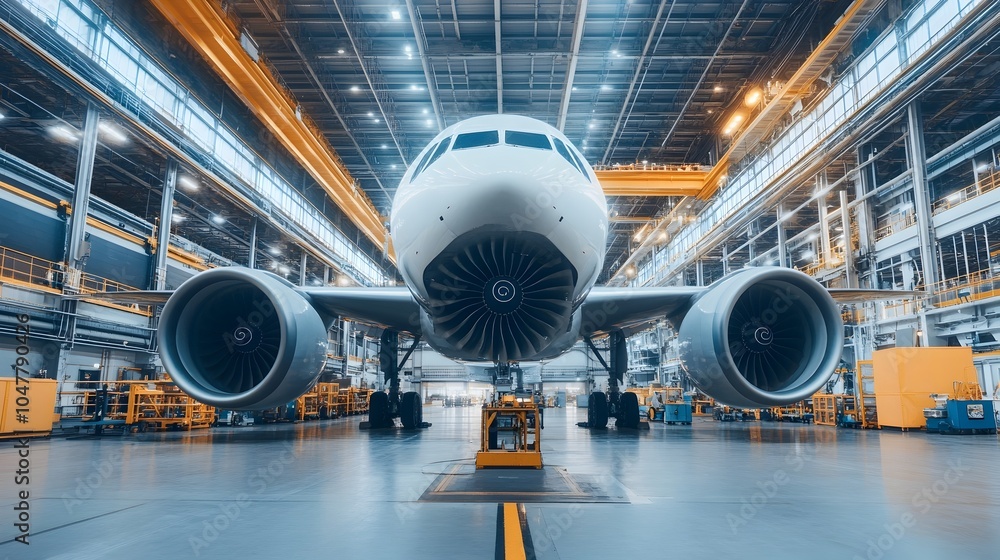 Aufkleber wide angle view of mechanics working on multiple aircraft engines in an expansive industrial hangar 