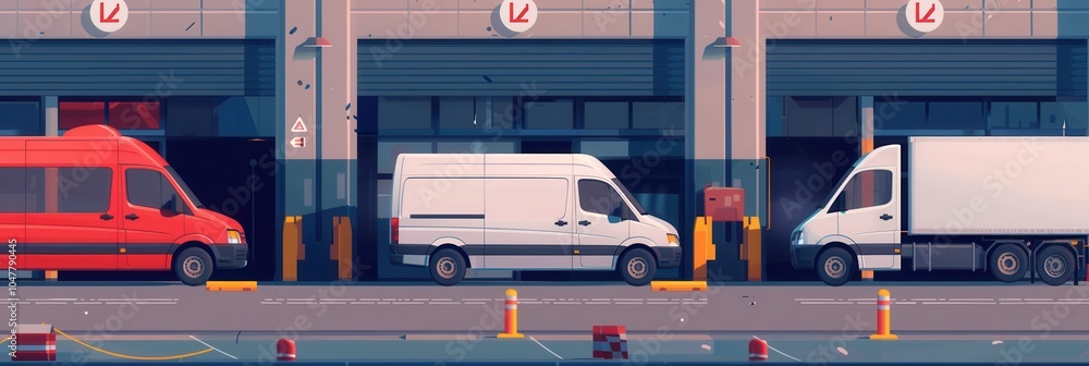 Poster several trucks and vans are parked at a warehouse dock, awaiting loading and shipment of goods and p