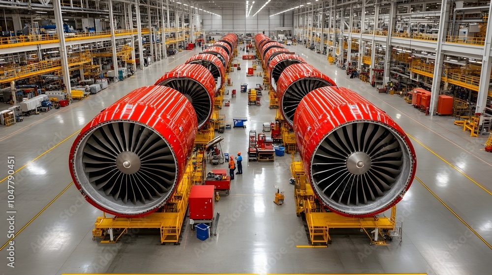 Poster mechanics working on multiple aircraft engines in a large expansive hangar facility wide angle view 