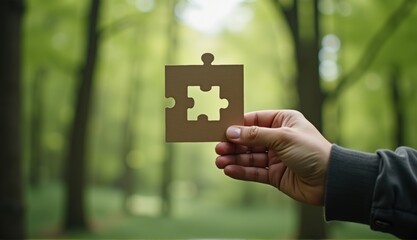 Hand holding a cardboard cutout of trees and house, sunlight filtering through forest, concept of eco-friendly living. Generative, AI,