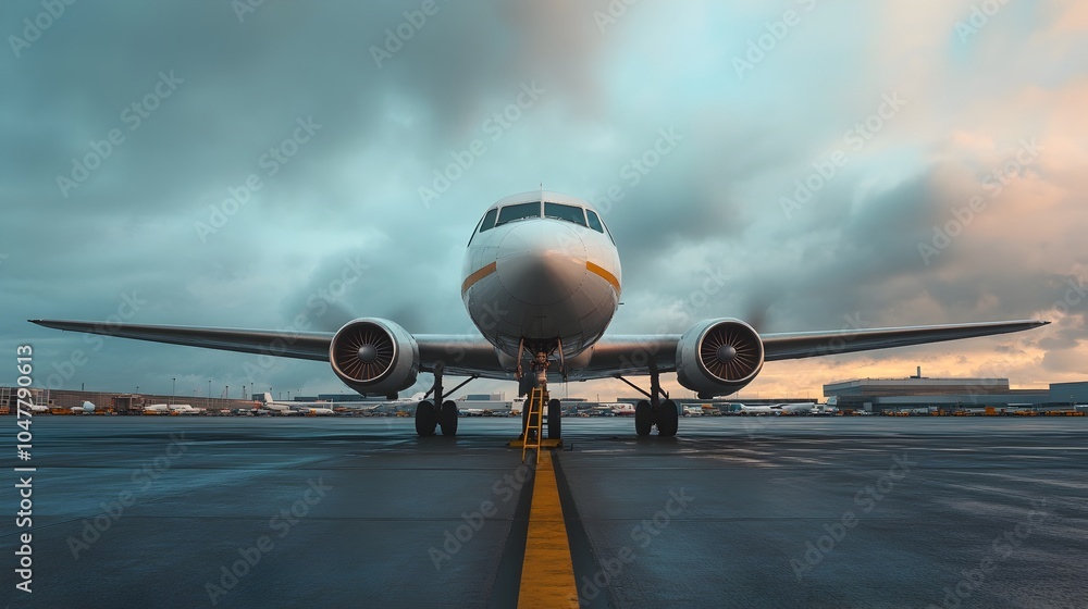 Poster skilled mechanic standing on a ladder inspecting and repairing the upper fuselage of a small propell