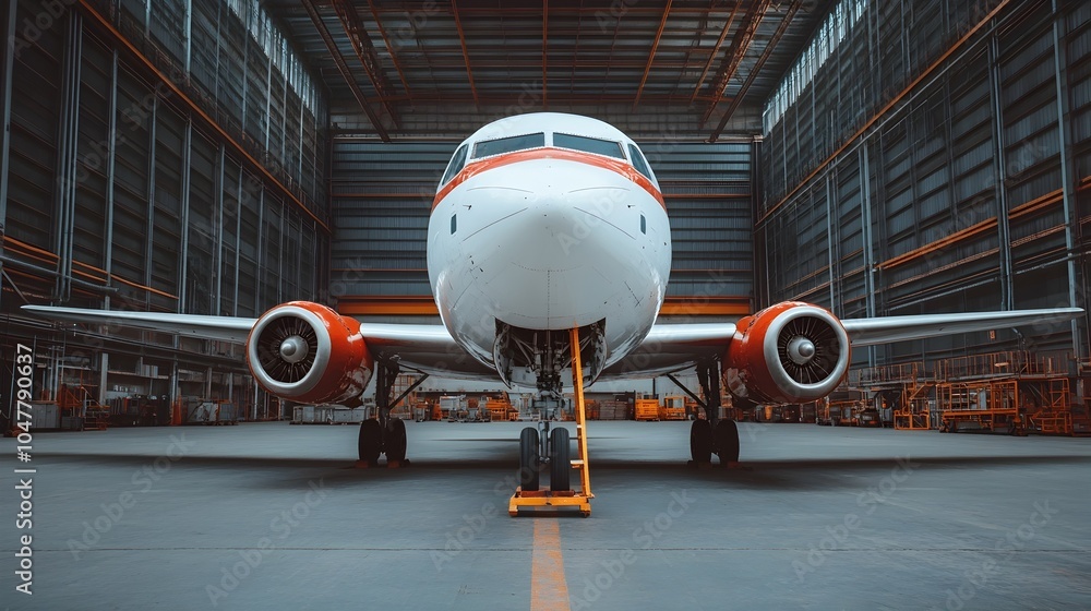 Poster wide shot of a skilled mechanic on a ladder repairing the upper fuselage of a small propeller plane 