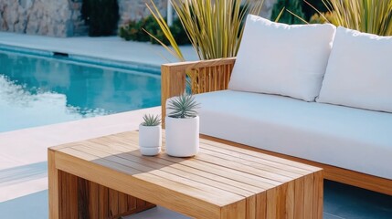Cozy Outdoor Patio with Wooden Furniture and Pool in Luxury Garden Retreat