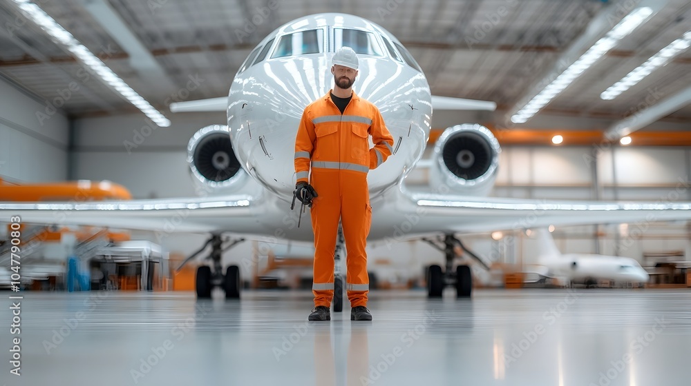 Poster wide angle shot of a mechanic replacing an engine part on a private jet with other aircraft and hang