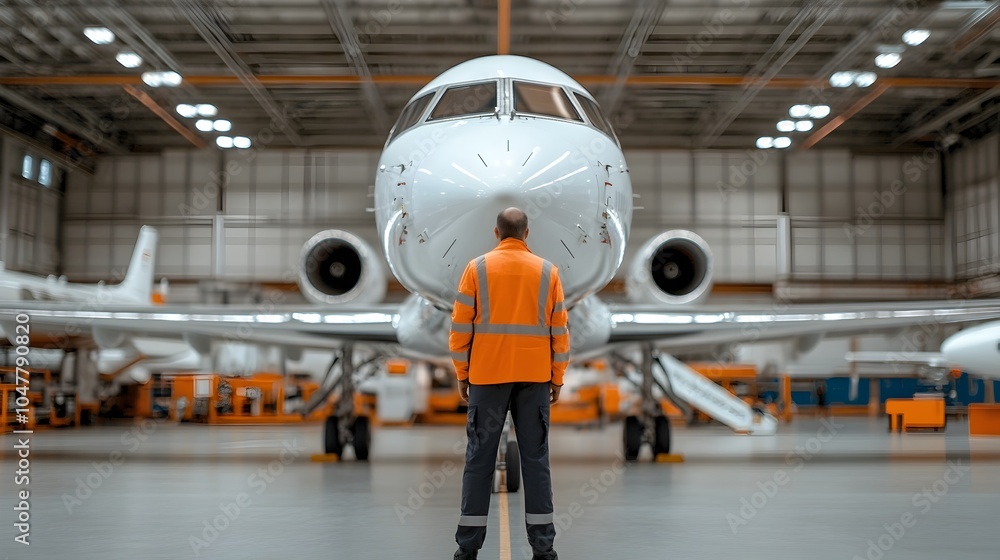 Poster wide angle shot of a mechanic replacing an engine part on a private jet with other aircraft and hang