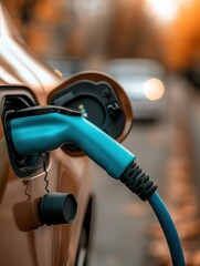 Close-Up of Blue Charging Cable in Electric Vehicle