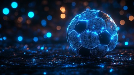 Fototapeta premium Glowing soccer ball with blue neon lights futuristic concept image