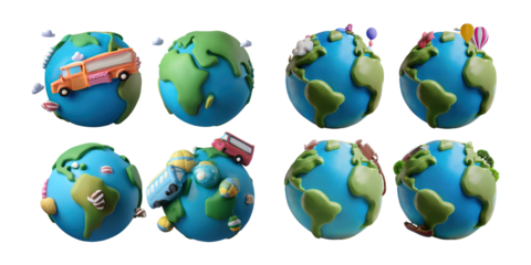 Playful Model Earths with Colorful Vehicles and Objects, PNG collection, set bundle, isolate on transparent or white background
